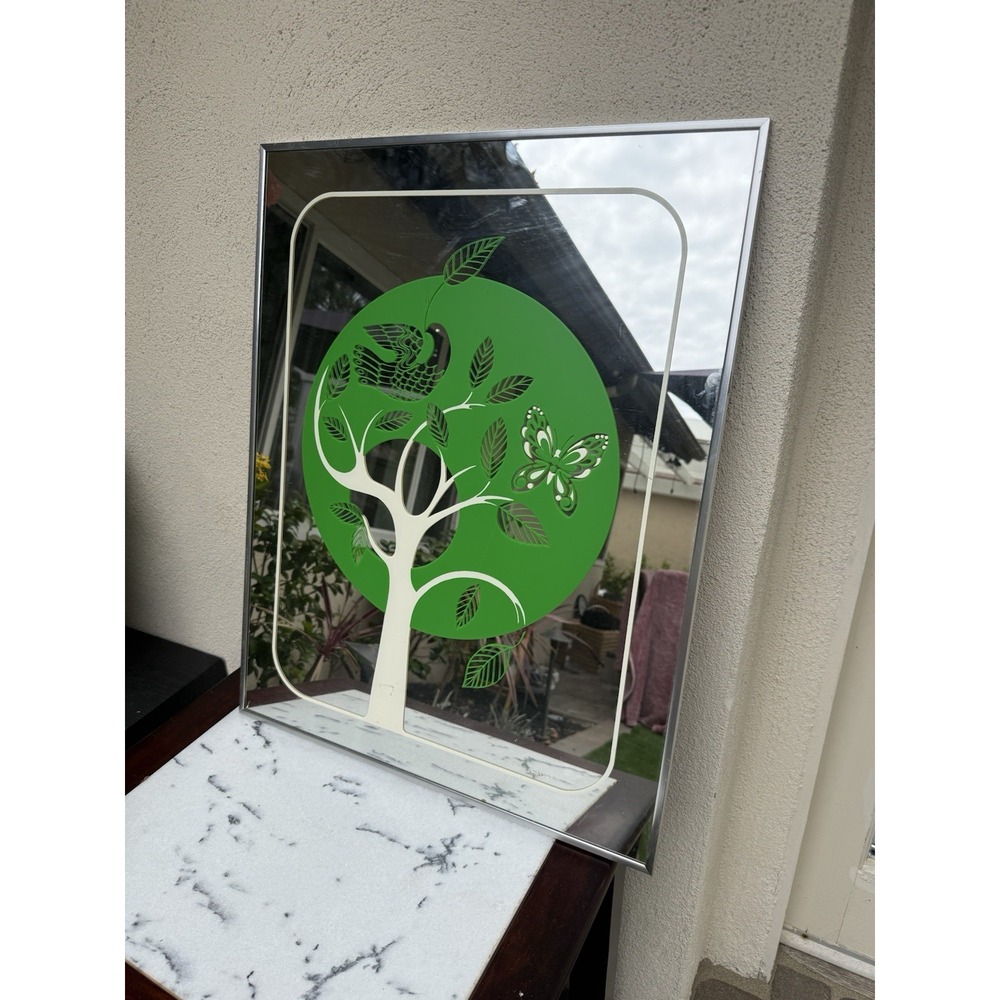 RARE Vintage Gloria Eriksen Etched Mirror Tree Bird Butterfly Artwork